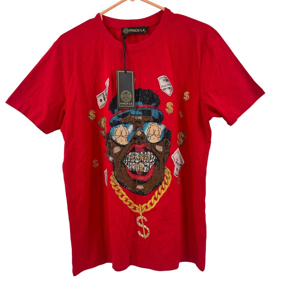 FINCH LA T-Shirt Small NWT 100% Cotton Red Rhinestone Bling Streetwear Money Men